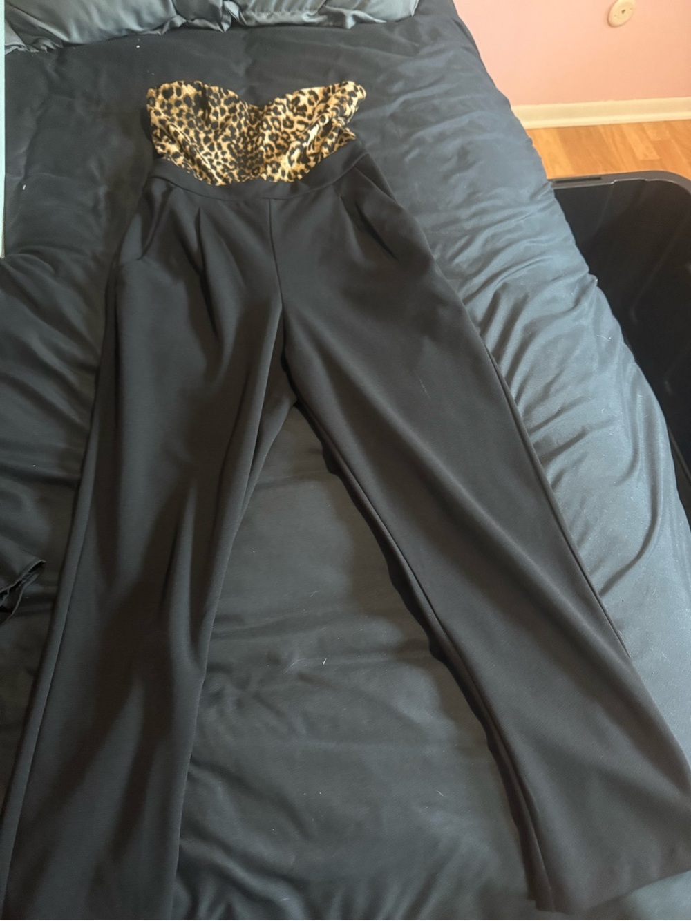 Express Black Wide-Leg Pants with Leopard Waistband